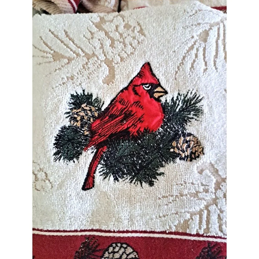 Cardinal Bird Bathroom Guest Towel Set W Hand Towels 5 Pc Beige Red Cabin Lodge